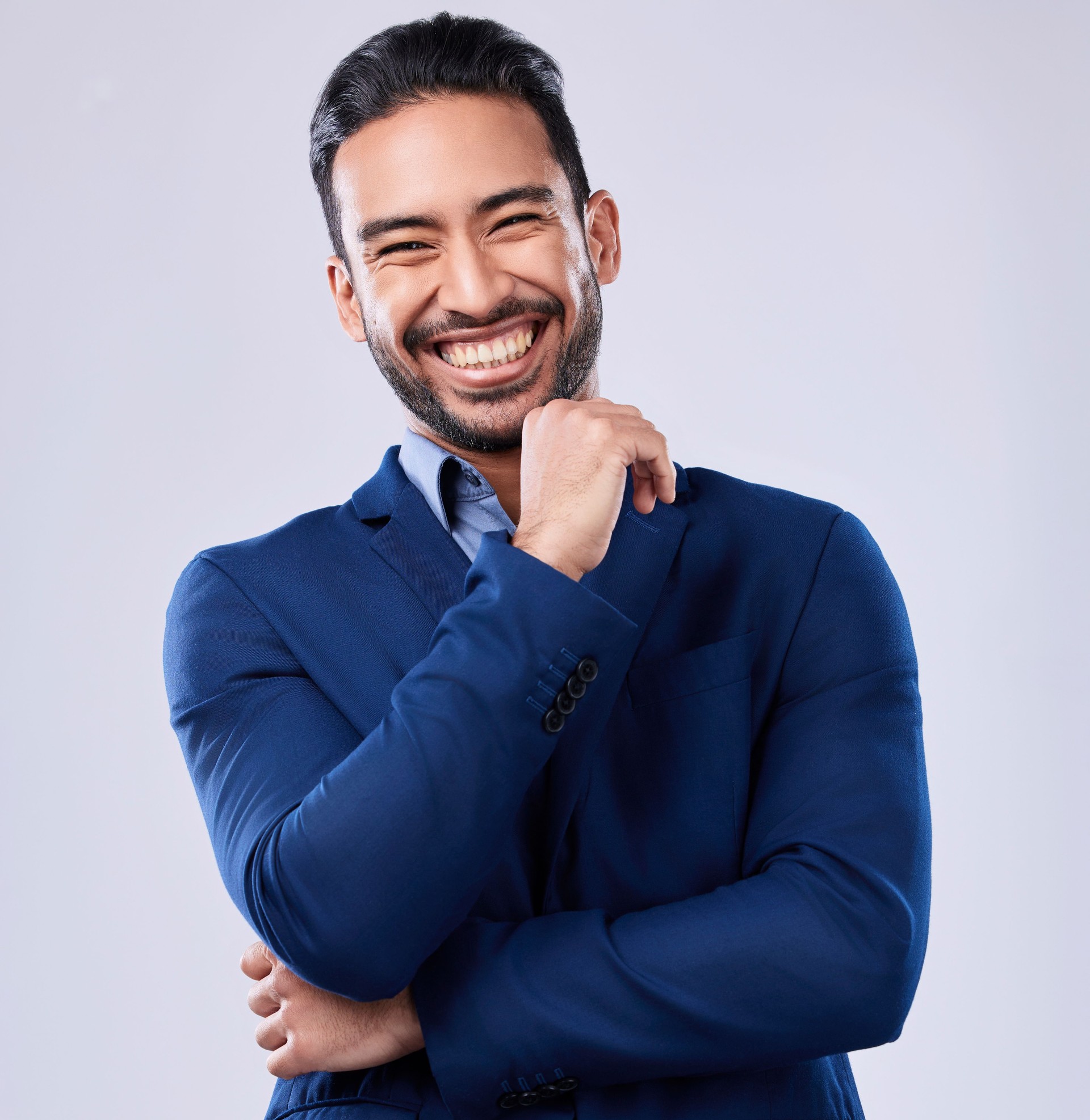Happy, studio portrait or professional man, real estate agent or Asian businessman smile for career, work or business job. Corporate profile picture, happiness or friendly real estate agent on white background